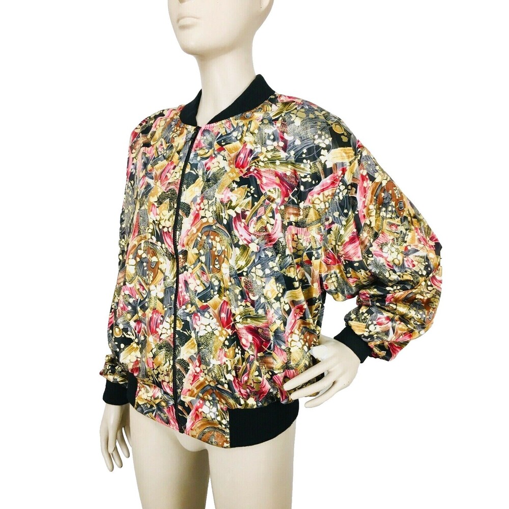 Vintage 80s Metallic Gold Pink/Black Abstract Bomber Jacket OSFM New